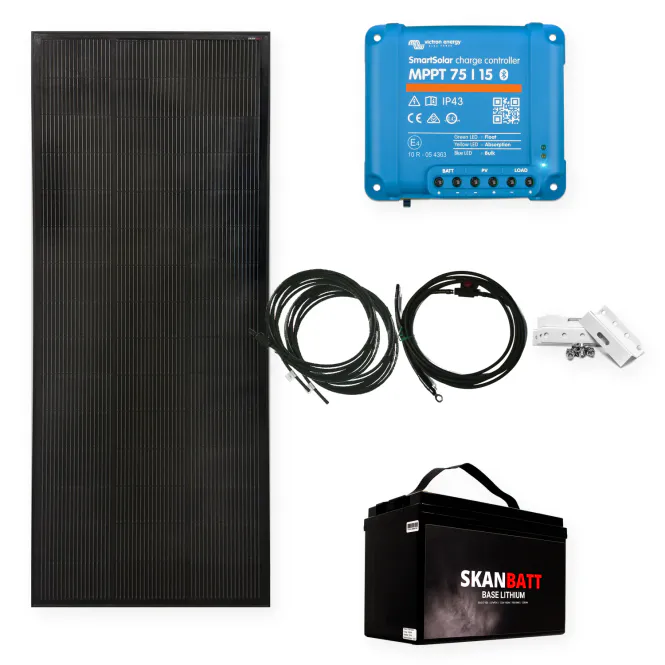 Hovedbillede Komplett solcellepakke hytte 12V 240W helsvart med 100Ah ...