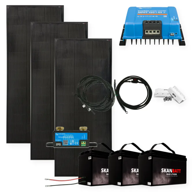 Hovedbillede Komplett solcellepakke hytte 12V 720W (3x240W) helsvart med ...